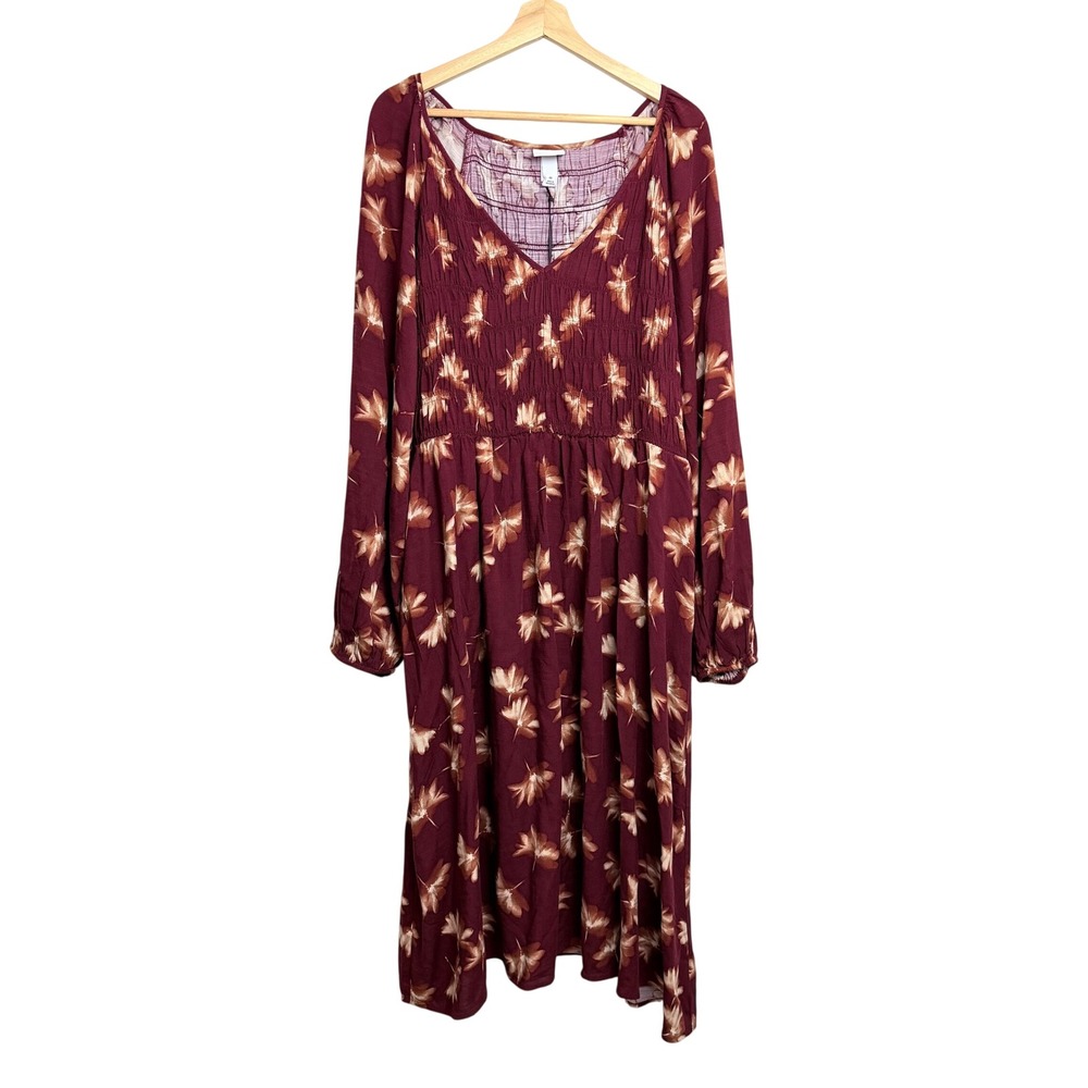 Ava & Viv Womens 1X Burgundy Floral Smocked Long Sleeve V-Neck Midi Dress‎ NWT